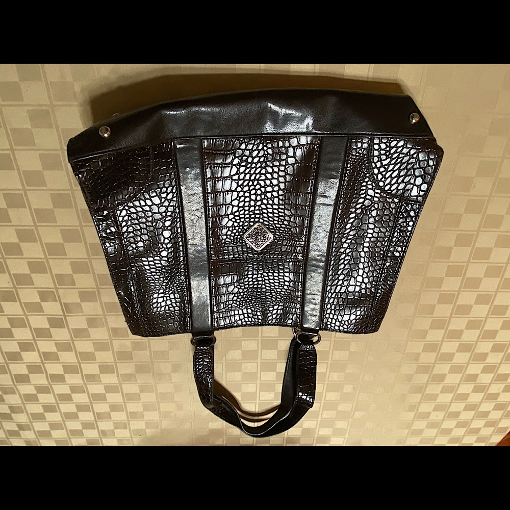 Coldwater Creek Brown Silver Purse Tote Bag Handbag Reptile EUC 13” X 16” Zip